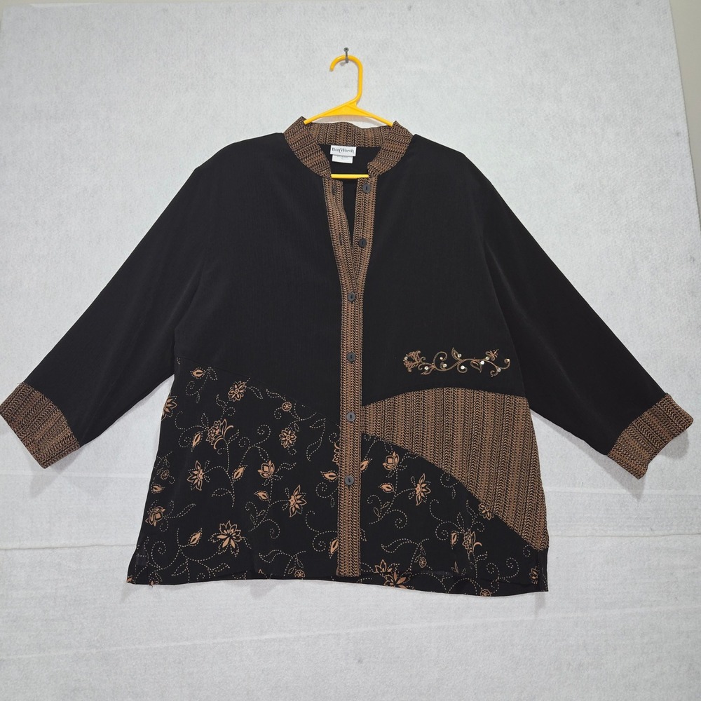 R#22 BonWorth Black Brown Embroidered Floral Pattern‎ Tunic Top XL